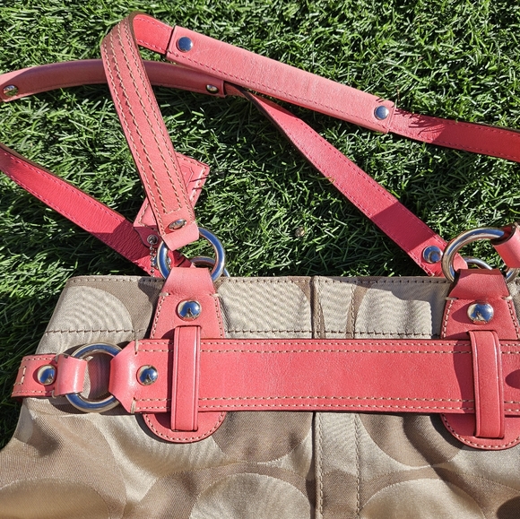 Coach Signature Canvas Shoulder Purse Satchel Neon Coral **WITH Coach Dust Bag** - Picture 7 of 16